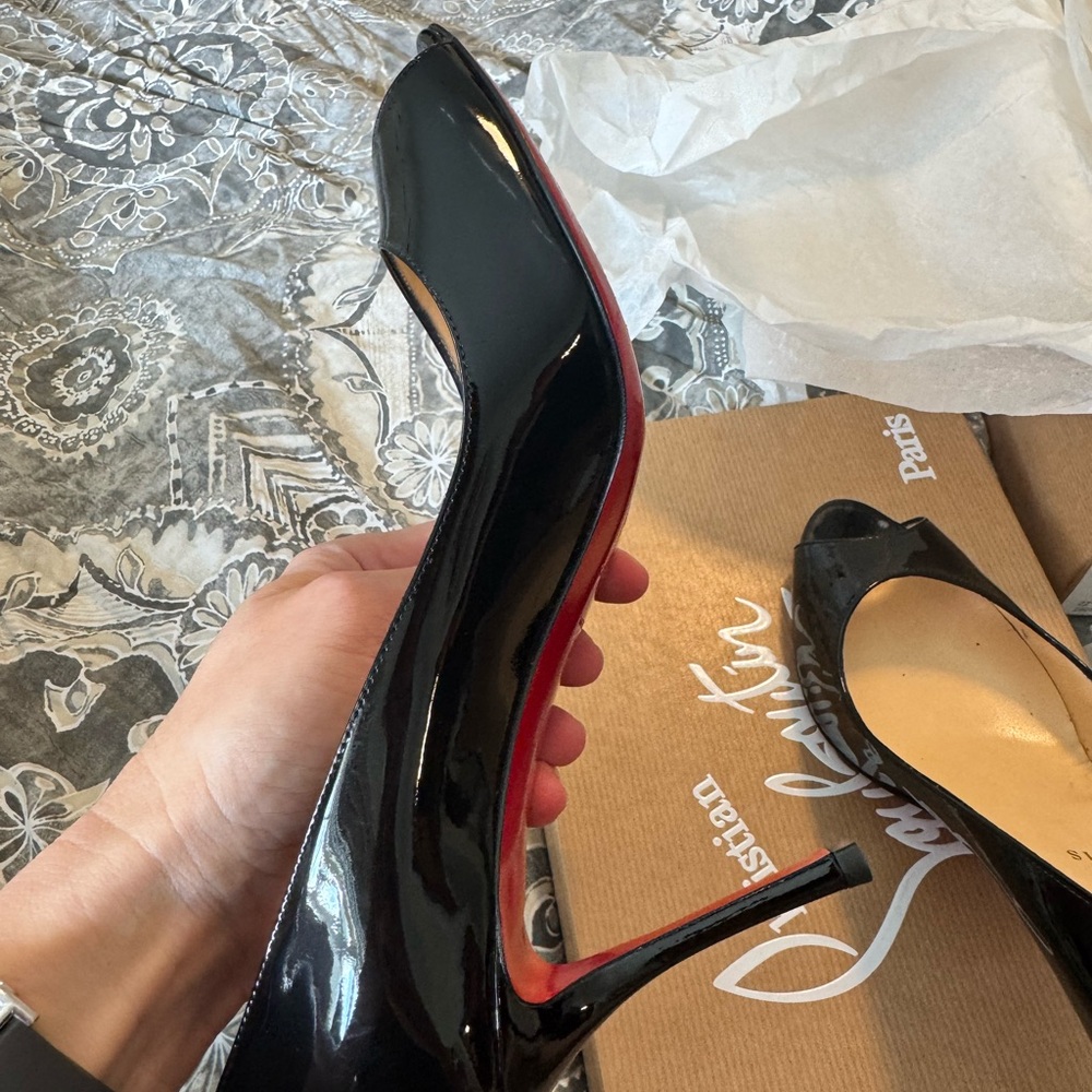 Christian Louboutin Glossy Black Peep Toe Heels Yootish 85 - Picture 3 of 16